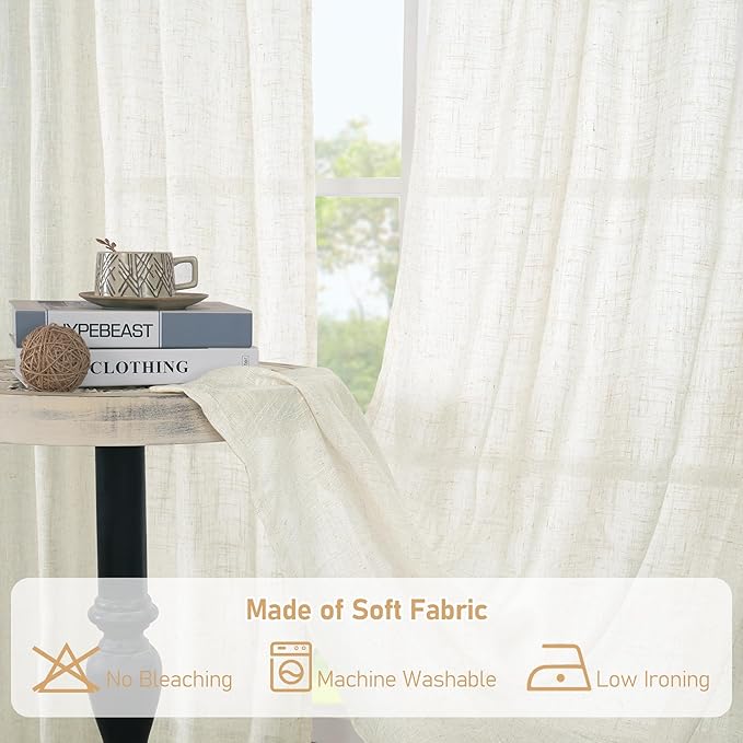 LAMIT Linen Blended Curtains 48 inch for Windows, Linen Textured Light Filtering Drapes Bronze Grommet Boho Neutral Panels for Farmhouse/Bathroom, 2 Panels, 34 x 48 Inch, Cream