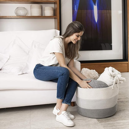 OrganiHaus Large Laundry Basket, Woven Cotton Rope Basket for Blankets, Toy Storage, Nursery Hamper, Living Room Decor Organizer, Soft & Durable Hamper with Handles, 20x13 inches - Gray