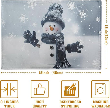 Snowman Placemats Set of 4, 12x18 Inch Winter Cute Blue Snowman Snowflake Table Mats Seasonal Christmas Holiday Washable Linen Fabric Place Mats for Farmhouse Party Kitchen Dining Decor