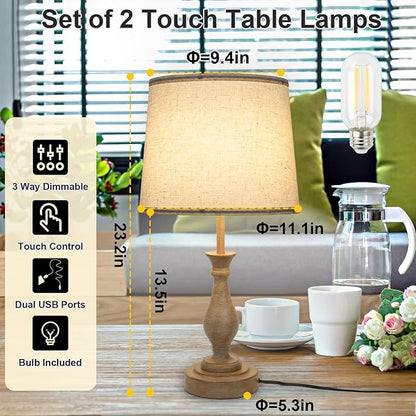 Touch Lamps for Bedrooms Set of 2, Farmhouse Table Lamp with Dual USB Charging Ports, 3 Way Dimmable Nightstand Lamps with Linen Fabric Lampshade for Bedroom (Pack 2-Beige Shade & Antique Brown)