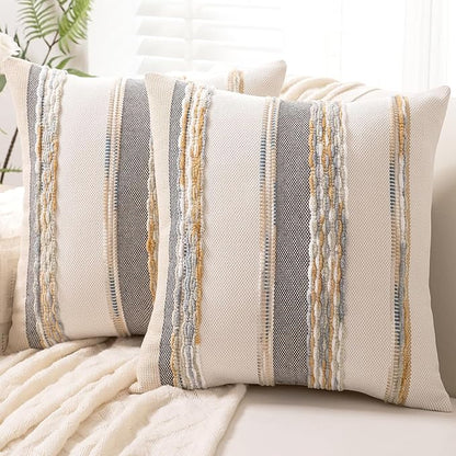 Boho Throw Pillow Covers 18x18 Set of 2 Farmhouse Decorative Cushion Case Striped Square Pillows Cover Chenille Pillow Cases Accent Neutral Pillowcase for Sofa Couch Bed,Orange-Gray