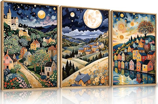LHIUEM Large Abstract Colorful Framed Canvas Wall Art,Retro Night Village Wall Decor,Natural Moon Stars Wall Painting,Gustav Klimt Scenery Artwork for Living Room,Bedroom,Dining Room,Office -24"x36"x3