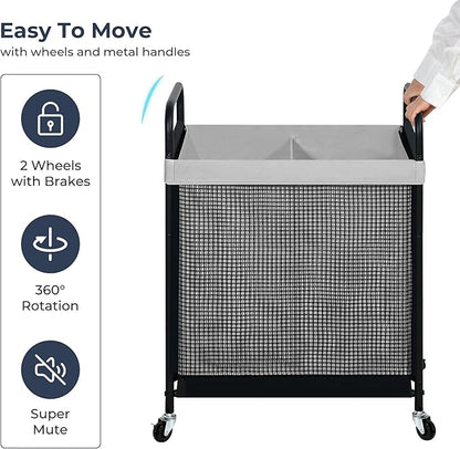 STO STO Laundry Hamper 2 Section, 100L Rolling Laundry Sorter Cart with Removable and Washable Liner Bag, Rolling Clothes Hamper with Metal Handle for Laundry Room and Bedroom, Gray