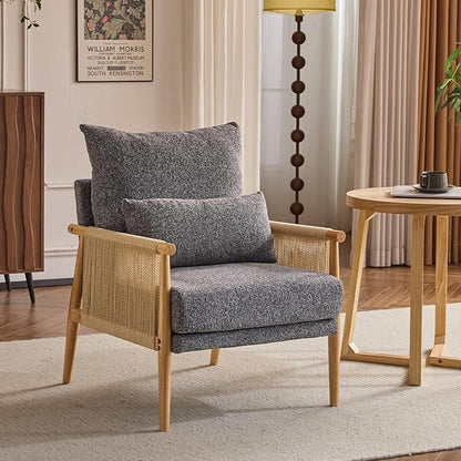 VINGLI Boho Braid Accent Armchair,Mid-Century Modern Chiar with Solid Wooden Armrest,Comfy Louge Cushion Chair with Waist Pillow for Bedroom,Living Room,Reading Room, Gray