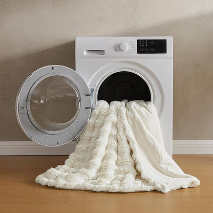 JELLYMONI Faux Fur Throw Blanket, White Fuzzy Cozy Plush Bubble Bed Blanket, Thick and Warm King (108" x 90")