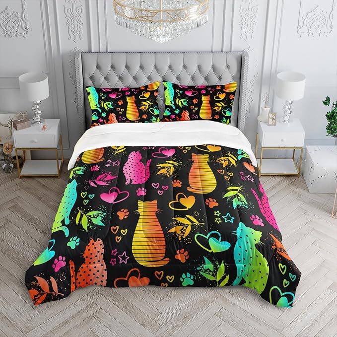 Kawaii Cat Animal Comforter 3Pcs Full Lovely Pet Cat Bedding Set for Kid Teen Girl Boy Adult Room Decor Cartoon Kitten Paw Heart Bamboo Leaf Pattern Quilt with 1 Comforter and 2 Pillowcases