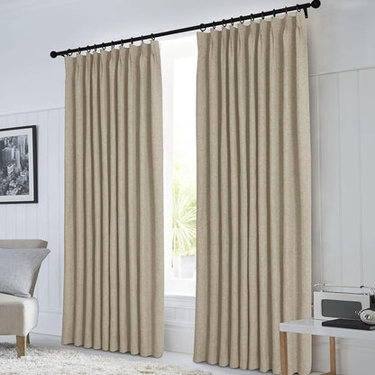 Macochico 120”Wx102”L 100% Blackout Linen Curtains Pinch Pleated Thermal Panels for Sliding Door Bedroom Living Room Farmhouse Shabby Chic Light Khaki Burlap Curtains with Tieback 1 Panel