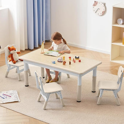 Kids Study Table and Chairs Set, Height Adjustable Toddler Table and Chair Set for Kids Ages 3-8, Graffiti Desktop (Burlywood - 2)
