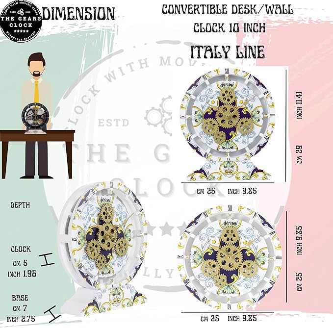 The Gears Clock Wall Clock Italy Collection with Moving Gears (Positano, 10 inch Round)