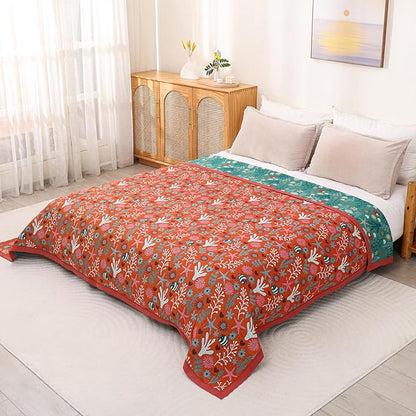 Boho Throw Blanket 80''x90'',100% Cotton Blankets for Couch Bed,Cotton Quilt Travel Muslin Blankets Farmhouse Home Decor Soft Lightweight Picnic Blanket