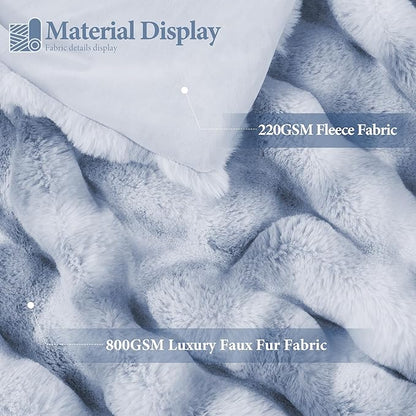 Touchat Luxury 1000GSM Faux Rabbit Fur Throw Blanket, Super Heavy Warm Cozy Grey Blankets for Couch Bed Sofa, Ruched Plush Fuzzy Elegant Soft Reversible Mink Blanket for Living Room Bedroom