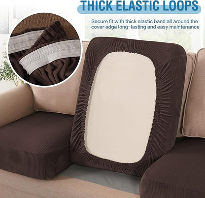 H.VERSAILTEX Velvet Stretch Couch Cushion Cover Plush Cushion Slipcover for Chair Loveseat Sofa Cushion Furniture Protector Seat Cushion Sofa Cover (3 Piece XL Sofa Cushion Covers, Brown Striped)