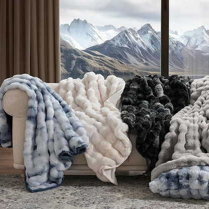 EVERGRACE Ultra Soft Luxury Fluffy Ridgeline Faux Rabbit Fur Throw Blanket, Thick Warm Bubble Throw for Bed, Cozy Plush Reversible Blankets for Couch, Chair, Sofa, Cloud Blue, 50x60 Inches, 870 GSM