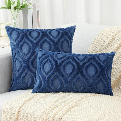 decorUhome Fall Throw Pillow Covers 22x22 Inch Set of 2, Soft Plush Decorative Faux Fur Dark Blue Solid Couch Pillow Covers, Accent Farmhouse Neutral Square Euro Pillow Cases for Sofa Bed Living Room