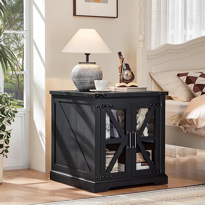 24" End Table Set of 2 with Charging Station, Farmhouse Night Stand with Glass Barn Door, Nightstands with Adjustable Storage Shelf, Large Wood Square Bed Side Table for Living Room,Bedroom