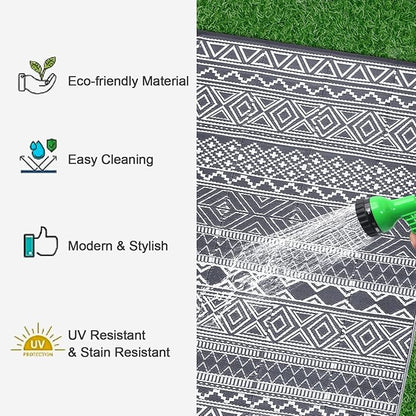 GAOMON Reversible Outdoor Rug 9'x18' Waterproof Plastic Straw Rug, Patio Rug, Large Modern Area Rug Carpet, Indoor Outdoor Rugs for Camping, Porch, Deck, Balcony, Backyard, Grey/White(Bohemia)