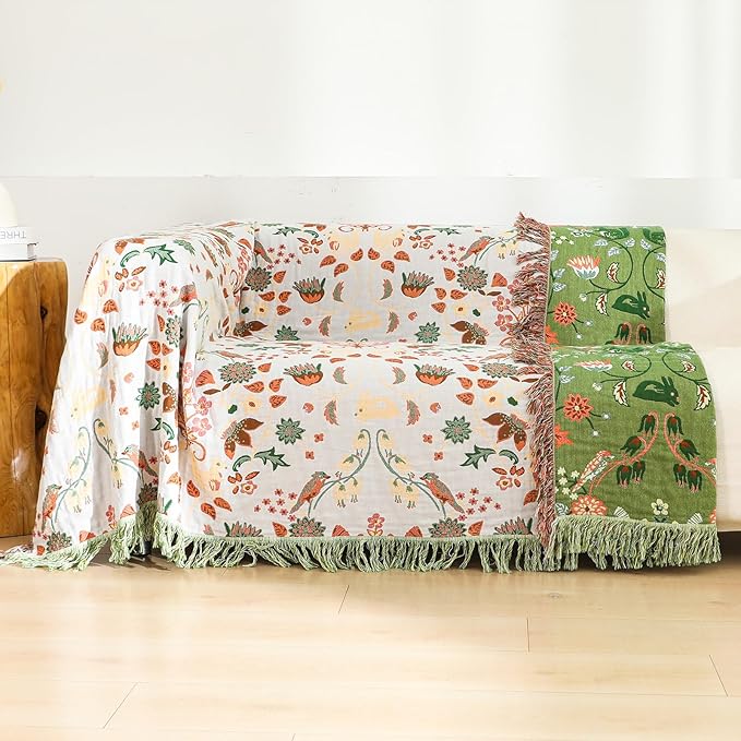 Boho Throw Blanket 80"x90", 100% Cotton Ultra Soft Luxury Throw for Couch and Sofa Blankets Home Decor, All Season Florals and Animals Throw Reversible Breathable Cozy Blankets