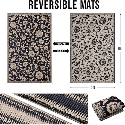 OLANLY Waterproof Outdoor Rug 5x8 ft, Outdoor Plastic Straw Rug with Flower Pattern, Reversible RV Mat for Patio, Camping, Balcony, Deck, Backyard, Black & Beige