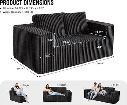 Modular Sectional Sofa 2 Seater Loveseat Modular Couch with Deep Seat Memory Foam Cloud Chair with Pillows Oversized Sectional Sofa for Living Room Bedroom (Strip Grey, Loveseat)
