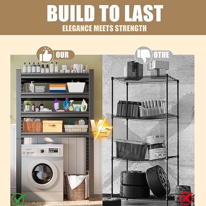 Upgraded Over The Toilet and Washer Storage Shelf,4 Tiers Laundry Room Standing Shelf,Bathroom Storage and Organizer Rack,Laundry Room Space Saver with Adjustable Shelves,39" W x 14" D x 63" H, Black