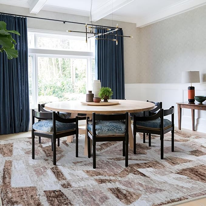 Modern Abstract 6X9 Area Rug for Living Room Bedroom Washable, with Non-Slip Rubber Backing Print Faux Wool Thin, Brown Throw Large Carpet for Kids Playroom Dining Room Pet & Child Friendly