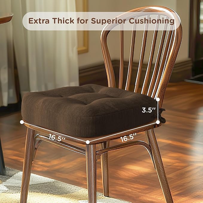 Codi 6 Pack Dining Chair Cushions, Thick Chairs Pads for Indoor Kitchen Room - Washable, Non-Slip Seat Cushion with Ties, 16.5"x16.5"x 3.5", Set of 6, Brown