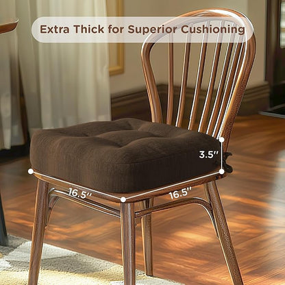 Codi 6 Pack Dining Chair Cushions, Thick Chairs Pads for Indoor Kitchen Room - Washable, Non-Slip Seat Cushion with Ties, 16.5"x16.5"x 3.5", Set of 6, Brown