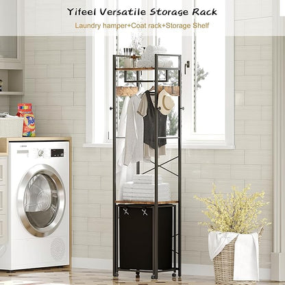 Coat Rack with Laundry Basket, Laundry Hamper Freestanding Hall Tree, Clothes Rack with Storage Shelves, 14.5 Gal Removable Bags on Wheels, Black and Brown JLH005SR