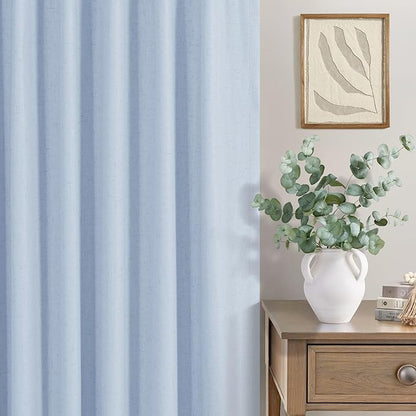 Light Blue Curtains 96 Inches Long for Living Room Linen Boho Blackout Room Darkening Back Tab Pleated Thermal Window Treatments Pale Blue Black Out Curtain Drapes for Bedroom Decor 96 Length 2 Panel