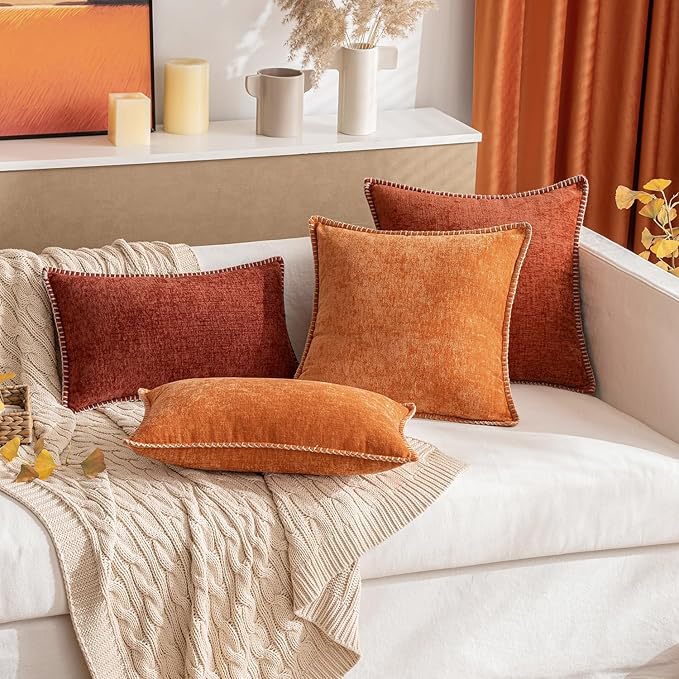 MIULEE Pack of 2 Fall Couch Throw Pillow Covers 16x16 Inch Burnt Orange Farmhouse Decorative Pillow Covers with Stitched Edge Soft Chenille Solid Dyed Pillow Covers for Sofa Bed Living Room