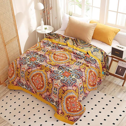 Boho Muslin Blanket for Adults 4-Layer Gauze 80 x 90 Inches Soft Cozy 100% Cotton Summer Cooling Blanket Geometric Floral Decor for Sofa Bed Coverlet Both Sides (A Boho Figure Orange, 80 x 90 in)