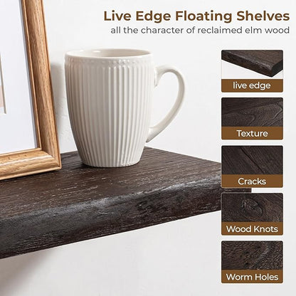Axeman 36 inch Floating Shelves for Wall - 8'' D Live Edge Rustic Solid Elm Wood Floating Shelves Wall Mounted, Wall Shelves with Invisible Bracket for Living Room Bedroom Kitchen, Set of 2 Walnut