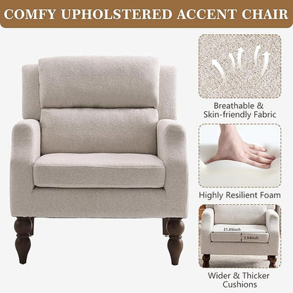 Kidol & Shellder Beige Oversized Accent Chair for Living Room Set of 2 Modern Reading Chair with Back Wide Upholstered Comfy Single Sofa Chair for Bedroom Lounge Side Corner Boucle Fabric Armchair