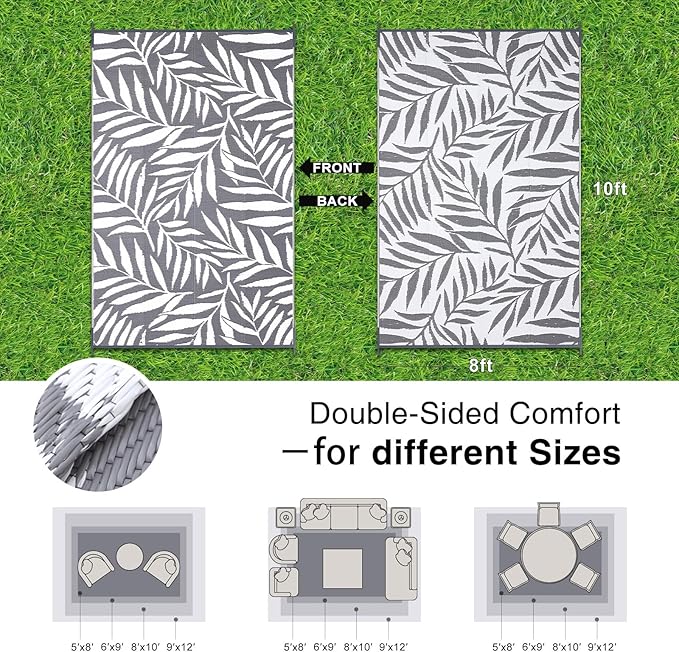 OLANLY Waterproof Outdoor Rug 8x10 ft, Reversible Outdoor Plastic Straw Rug with Leaf Pattern, RV Mat, Indoor Outdoor Carpet for Patio, Camping, Balcony, Deck, Backyard, Grey & White