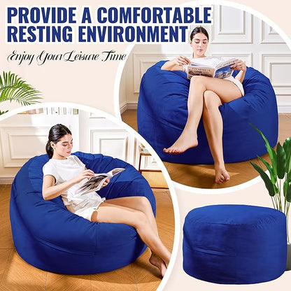 4FT Bean Bag Chair: Bean Bag with Velvet Cover, Fluffy and Comfy Bean Bag Chairs for Adults and Kids, Bean Bag Sofa Filled with High-Density Sponge for Gaming (Blue)