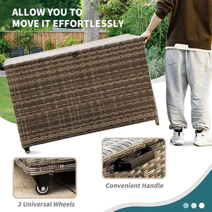 178 Gallon Outdoor Storage Box, Patio Deck Box with 2 Wheels, Handle Large Portable Wicker Rattan Deck Box for Patio Furniture Cushions, Throw Pillows, Garden Tools and Pool Floats (Gray)
