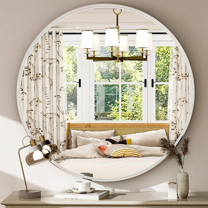 32 Inch Silver Round Bathroom Mirror - Wall Mounted Circle Mirror with Metal Frame, Modern Mirror Suitable for Bathroom, Vanity, Entryway, Living Room, Wall Decor
