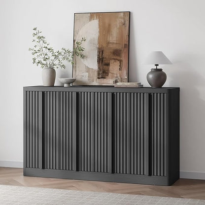 Fluted Buffet Cabinet with Storage, 60" Sideboard Buffet Storage Cabinet with 4 Doors & Adjustable Shelves, Wood Coffee Bar Credenza Accent Cabinet for Kitchen, Dining Room, Living Room, Black(1PCS)
