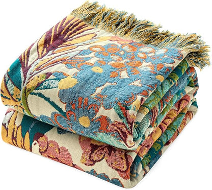 MSGKV Boho Throw Blanket for Bed Twin Size Cotton Muslin Breathable Vine Blanket 60"x80" Sofa Couch Blankets for All Seasons Lightweight Farmhouse Blankets Boho Home Decor