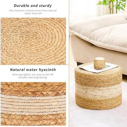 Handwoven Water Hyacinth Ottoman Pouf, Round Outdoor Footstool with Sturdy Frame, No Assembly Needed, Boho Accent Stool for Indoor & Outdoor Use – Patio, Balcony, Living Room (White)
