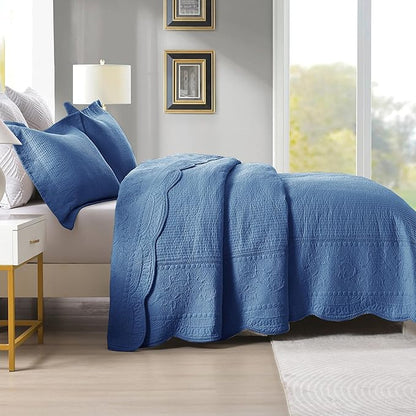 MarCielo 3-Piece 100% Cotton Oversized Bedspread Lightweight Quilt Coverlet Embroidery Farmhouse Bedding Set (TG Midtone Blue, Oversized King (118"x106"))