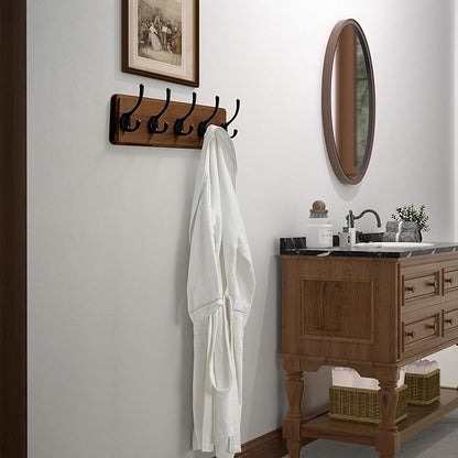 Dseap Wall Mounted Coat Rack: Patented, Heavy-Duty, 17.4" Long 5-Double-Hooks Wooden Hanger Rail for Winter Coats, Hat, Jacket, Clothing - Natural & Black, Pack of 2