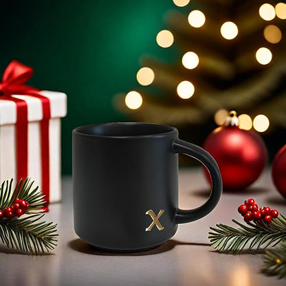 COLLECTIVE HOME - Black Monogram Ceramic Mugs, 15 oz Golden Initial Coffee Cups, Elegant Alphabet Tea Mugs, Personalized Halloween Mug with Gift Box, Perfect for Office and Home Décor (x)