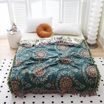 Snycler Boho Throw Blanket for Bed - 100% Cotton Ultra Soft Rustic Quilt - Blue Green Floral Printed Farmhouse Decor Bed Blankets, 60"×80" All Season Rustic Throw for Sofa Couch Chair