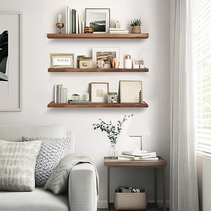 Floating Wall Shelves 3-Pack - 24-Inch Rustic Brown Wooden Shelves for Storage and Décor, Easy Installation for Living Room, Bedroom, and Kitchen