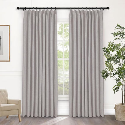 Macochico Browish Grey 100% Blackout Linen Curtains 96 Inches Long Pinch Pleated Curtains for Bedroom Living Room Nursery Farmhouse Insulated Sound Reducing Drapery with Tieback 84”Wx96”L 1 Panel