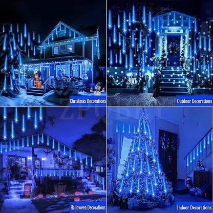 Christmas Lights Outdoor Meteor Shower Lights 24-Tube 576LEDs Snow Falling Rain Cascading Icicle Light for Xmas Tree Christmas Decorations Wedding Party Holiday Garden Decor, UL Plug Blue