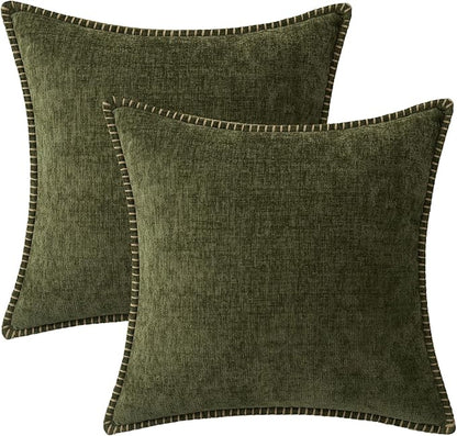 MIULEE Pack of 2 Couch Throw Pillow Covers 16x16 Inch Olive Green Farmhouse Decorative Pillow Covers with Stitched Edge Soft Chenille Solid Dyed Spring Pillow Covers for Sofa Bed Living Room