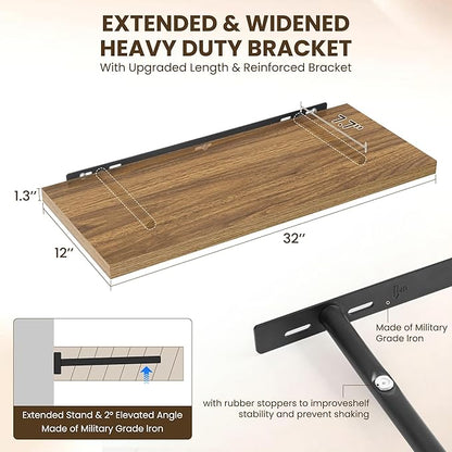 32" Floating Shelves for Wall, 12" Deep Slim Walnut Floating Shelves, Wall-Mounted Shelves for Bedroom, Living Room, Kitchen, Bathroom - Set of 2