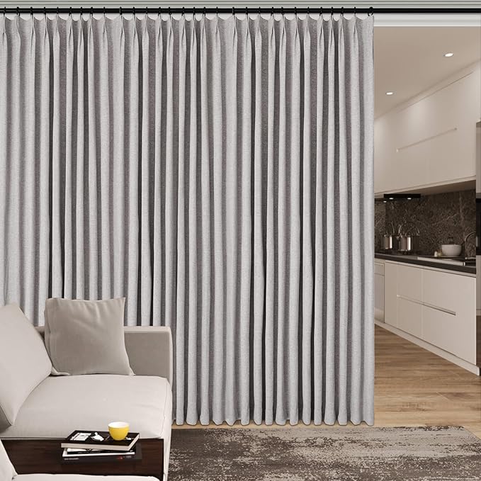 100% Blackout Linen Textured Drapes for Bedroom Pinch Pleated Curtains for Track System Portable Drapery for Sliding Glass Door/Storage/Space Room Divider, 70" Wx84 L, 1 PC, Browish Grey